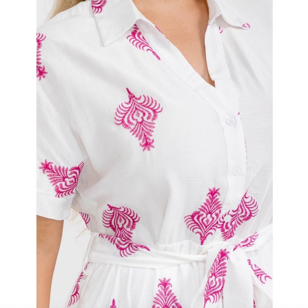 Embroidery Plus Size Button Up Self Tie Maxi Dress - Picture 2 of 5